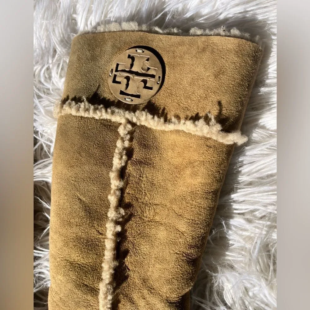 Tory Burch Camel Leather Suede Shearling Tall Reva Moccasin Boots